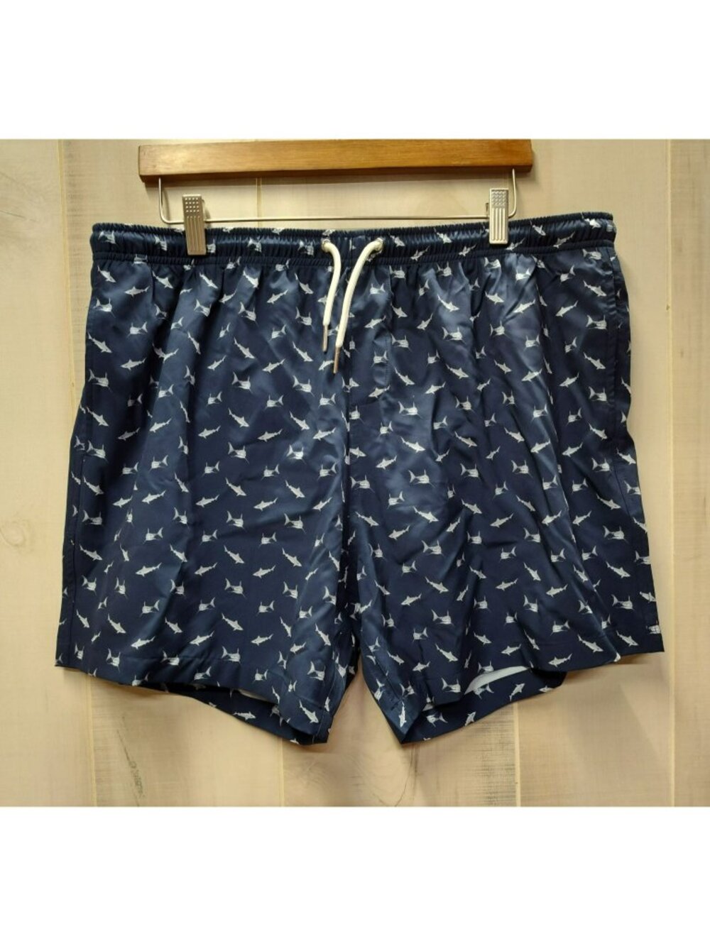Bermies Swim Trunks, Mens XL, Navy Blue w Sharks, Mesh Brief Liner, NWT $50 MSRP